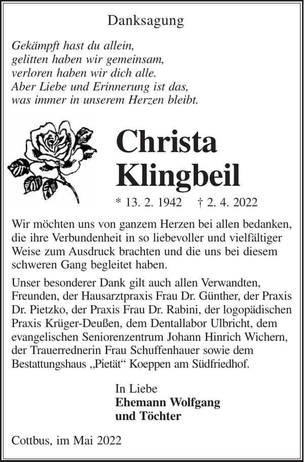 Danksagung Christa Klingbeil