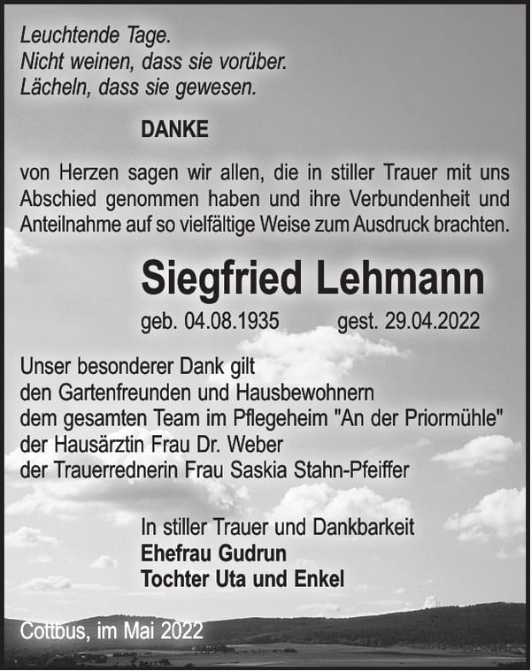 Traueranzeige Siegfried Lehmann
