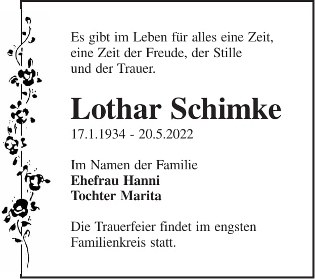 Traueranzeige Lothar Schimke