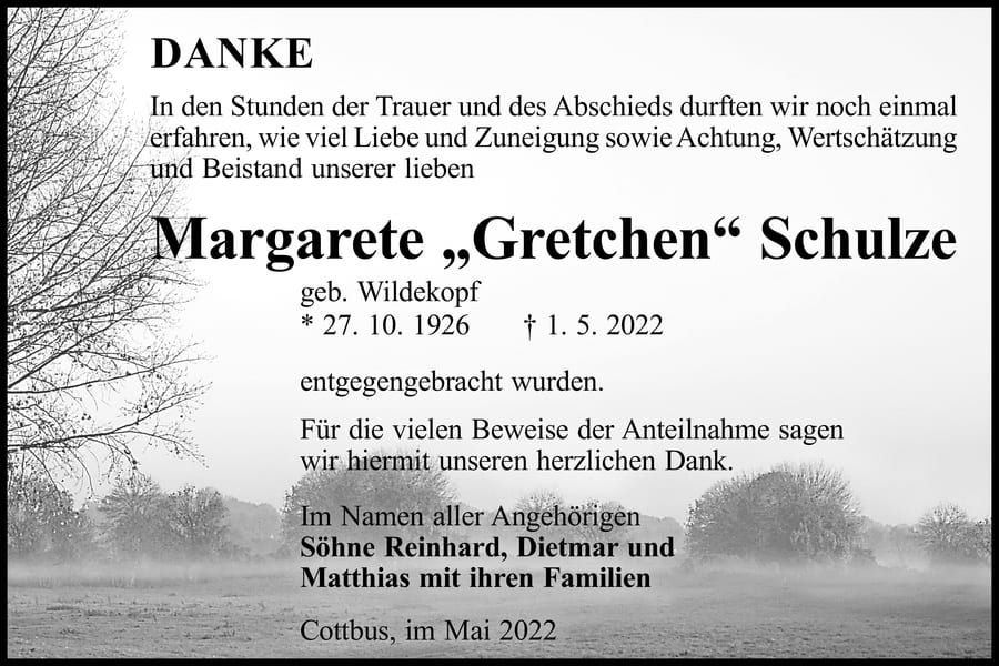 Danksagung Margarete „Gretchen“ Schulze, geb. Wildekopf