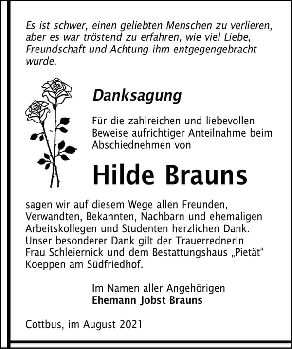 Danksagung Hilde Brauns