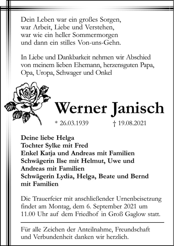Traueranzeige Werner Janisch