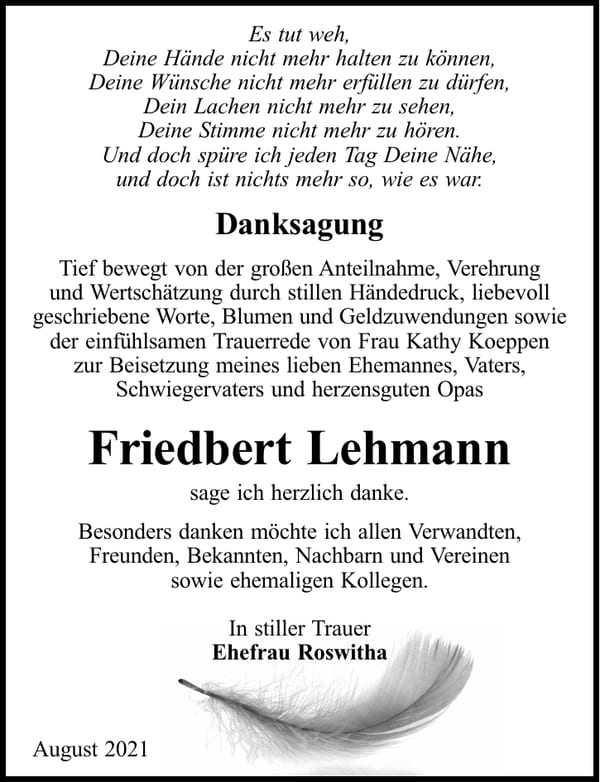 Danksagung Friedbert Lehmann