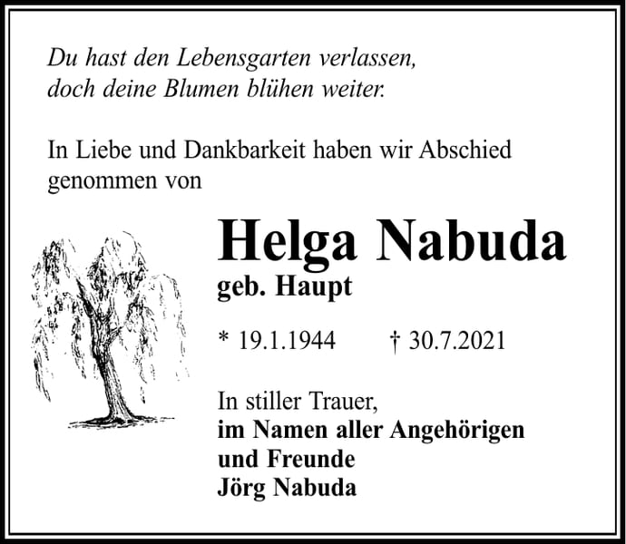 Traueranzeige Helga Nabuda, geb. Haupt