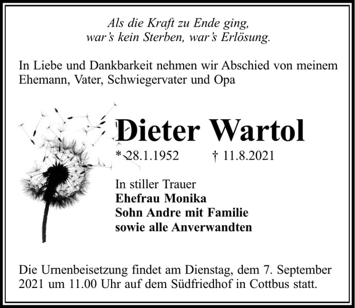 Traueranzeige Dieter Wartol