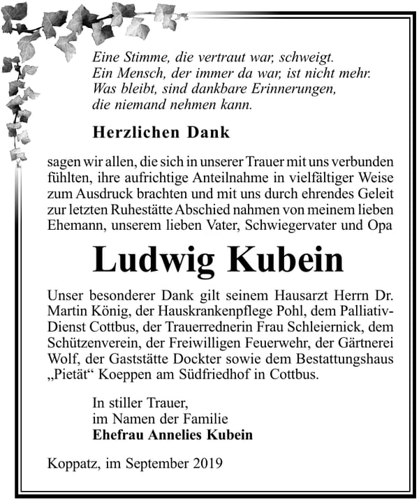 Traueranzeige Ludwig Kubein