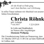 Traueranzeige Christa Röhnke, geb. Lehnigk
