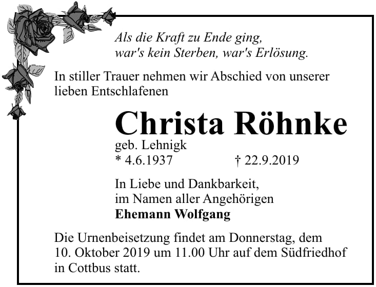 Traueranzeige Christa Röhnke, geb. Lehnigk