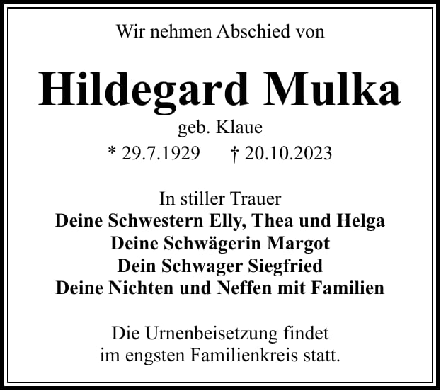 Traueranzeige Hildegard Mulka, geb. Klaue