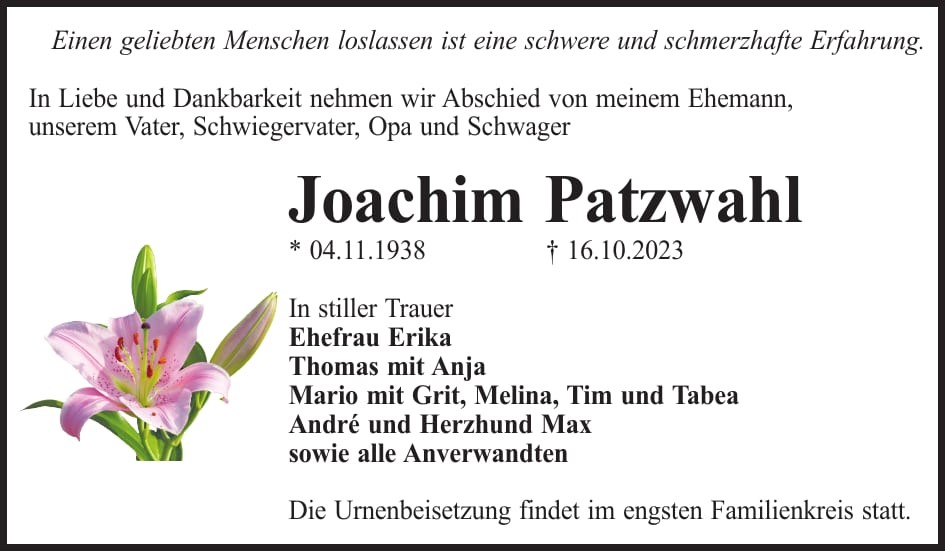 Traueranzeige Joachim Patzwahl