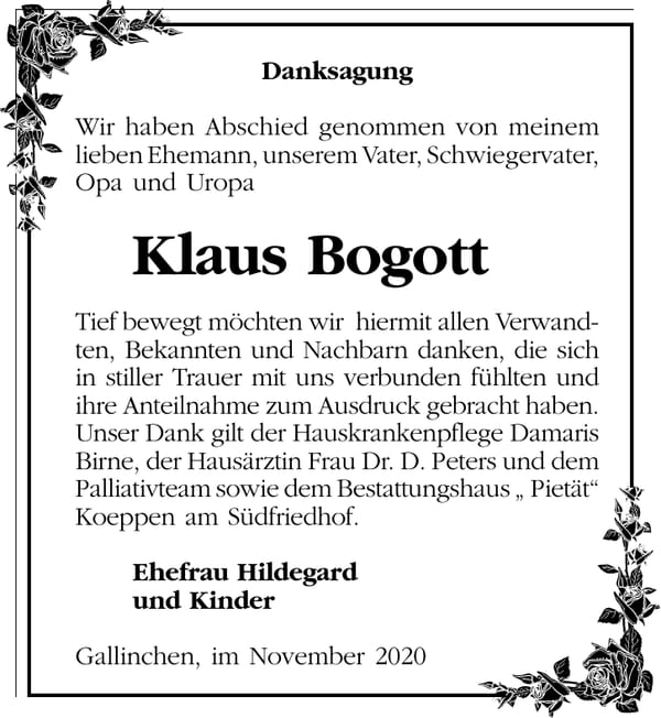 Danksagung Klaus Bogott
