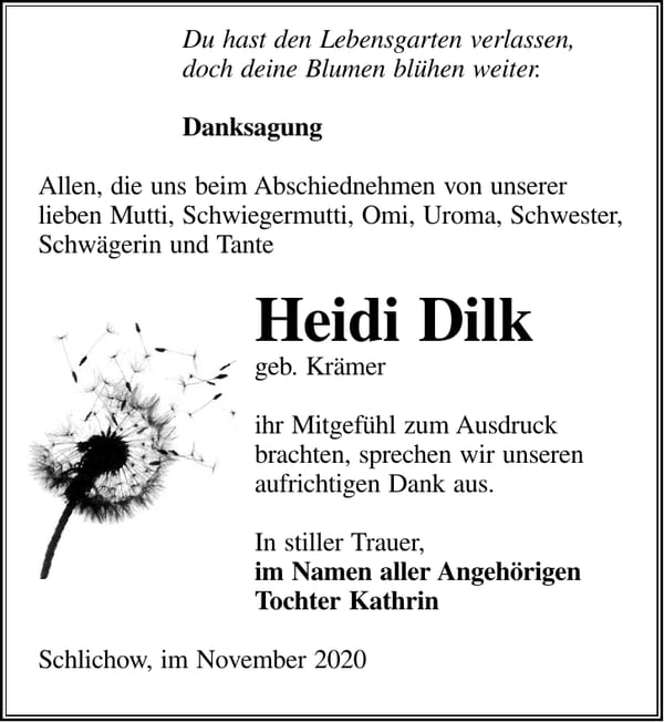 Danksagung Heidi Dilk, geb. Krämer
