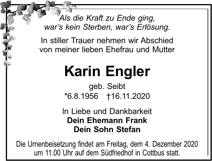 Traueranzeige Karin Engler, geb. Seibt