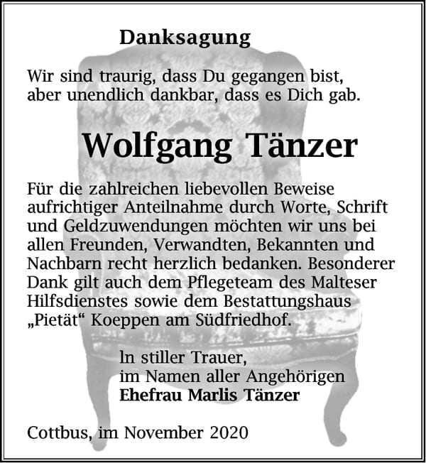 Danksagung Wolfgang Tänzer