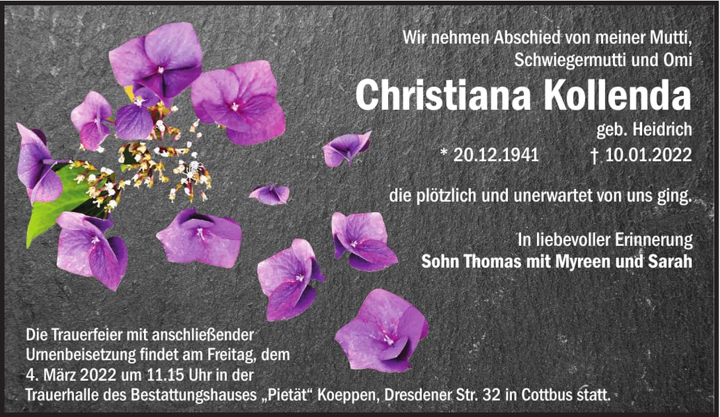 Traueranzeige Christiana Kollenda, geb. Heidrich