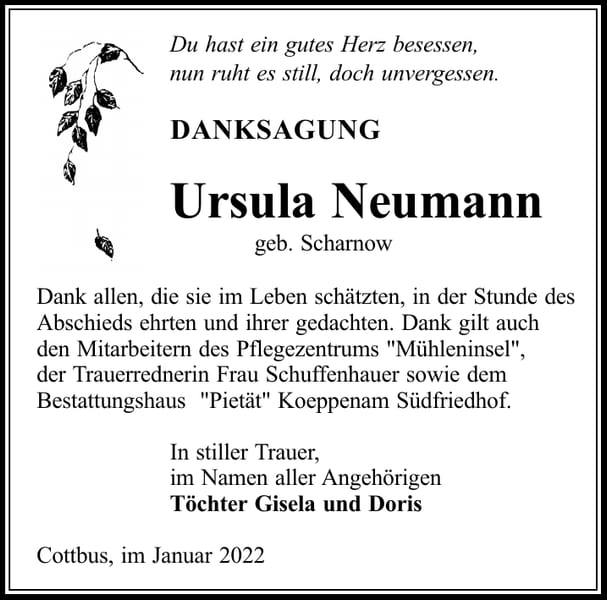 Danksagung Ursula Neumann, geb. Scharnow