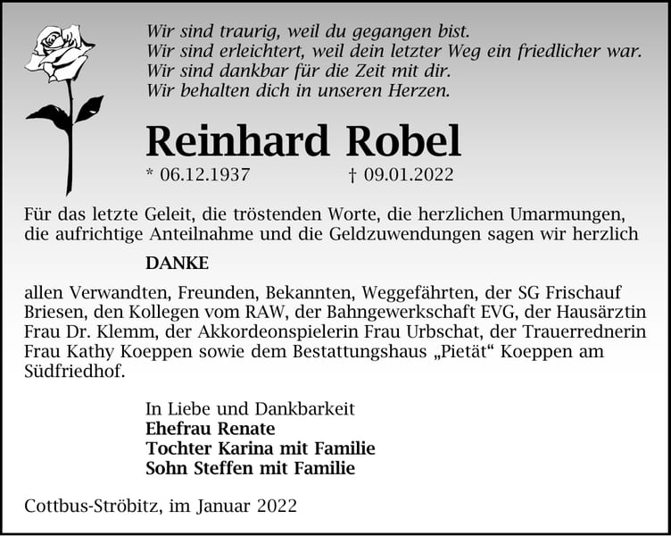 Danksagung Reinhard Robel