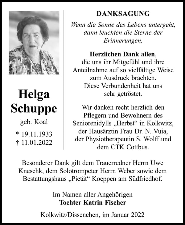 Danksagung Helga Schuppe, geb. Koal