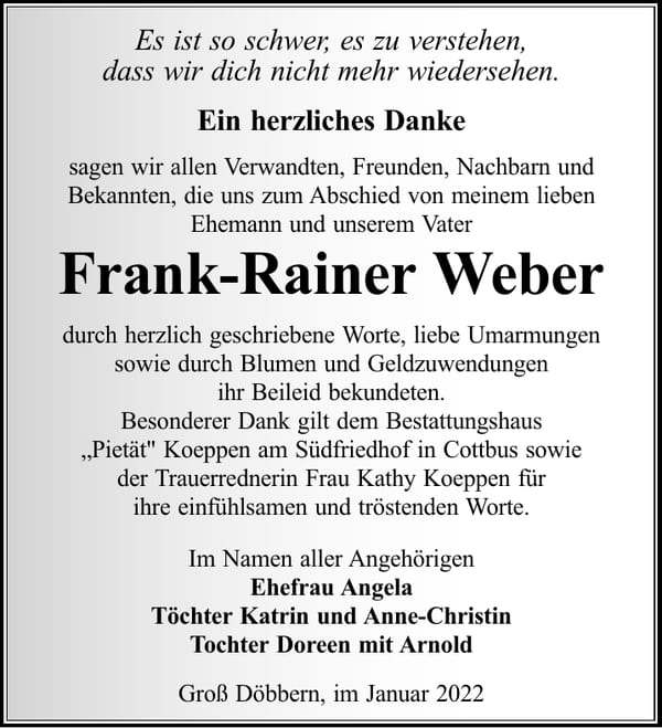 Danksagung Frank-Rainer Weber
