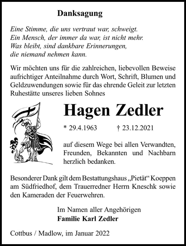 Danksagung Hagen Zedler