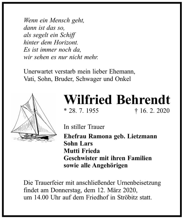 Traueranzeige Wilfried Behrendt, geb. Lietzmann