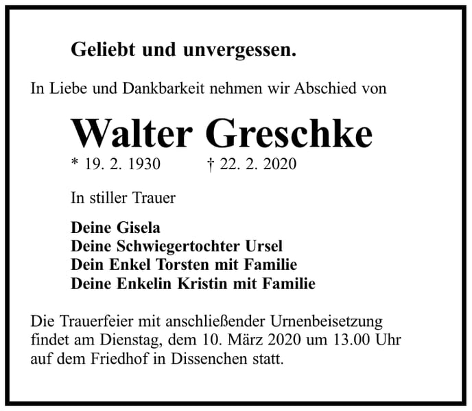 Traueranzeige Walter Greschke