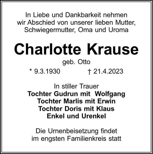 Traueranzeige Charlotte Krause, geb. Otto