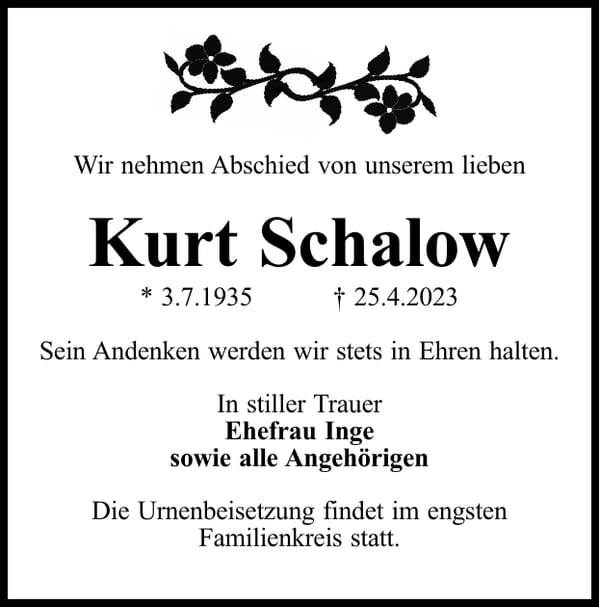 Traueranzeige Kurt Schalow