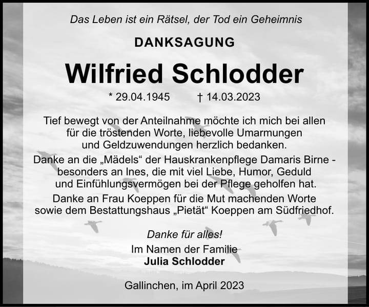 Danksagung Wilfried Schlodder