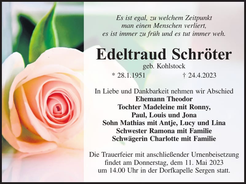Traueranzeige Edeltraud Schröter, geb. Kohlstock
