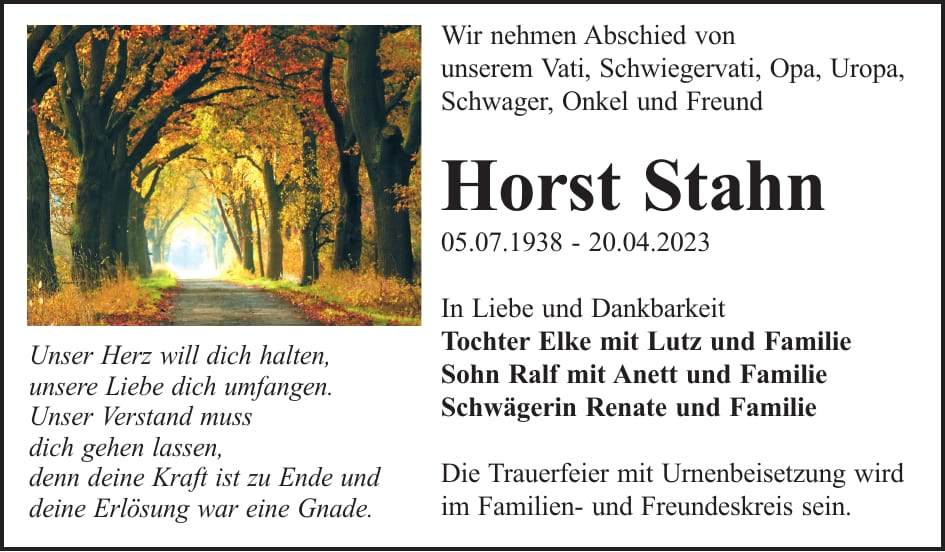 Traueranzeige Horst Stahn