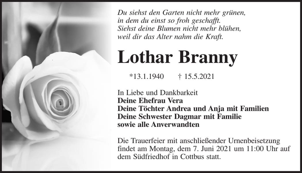 Traueranzeige Lothar Branny