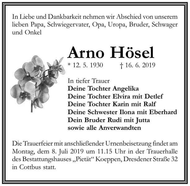 Traueranzeige Arno Hösel