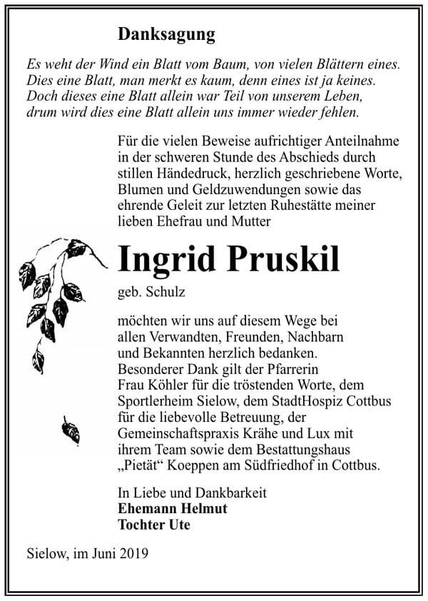 Danksagung Ingrid Pruskil, geb. Schulz