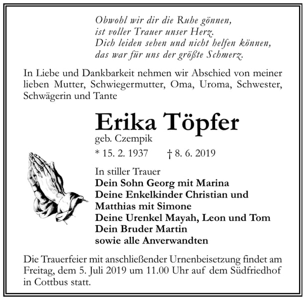 Traueranzeige Erika Töpfer, geb. Czempik