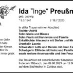 Traueranzeige Ida „Inge“ Preußner, geb. Lodwig