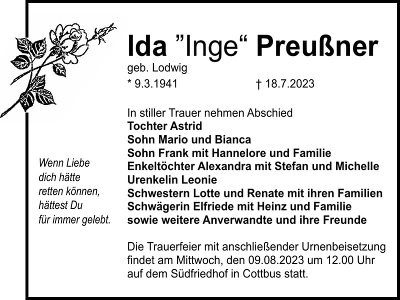 Traueranzeige Ida „Inge“ Preußner, geb. Lodwig