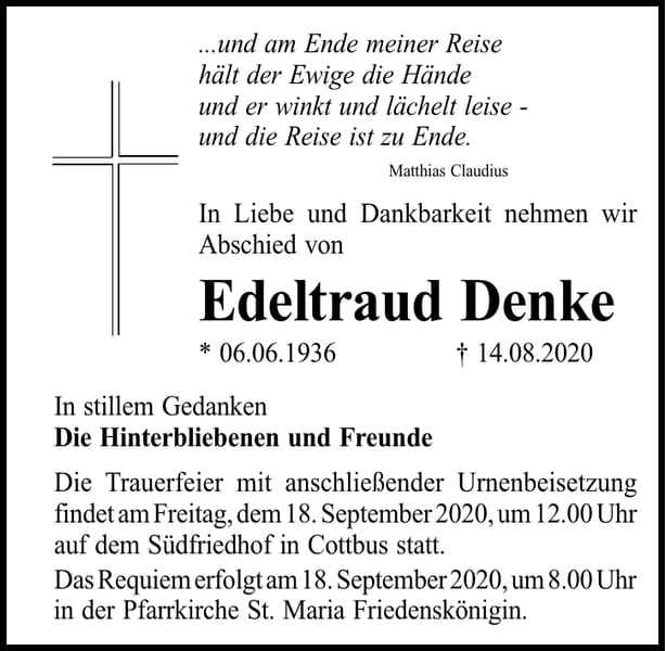 Traueranzeige Edeltraud Denke