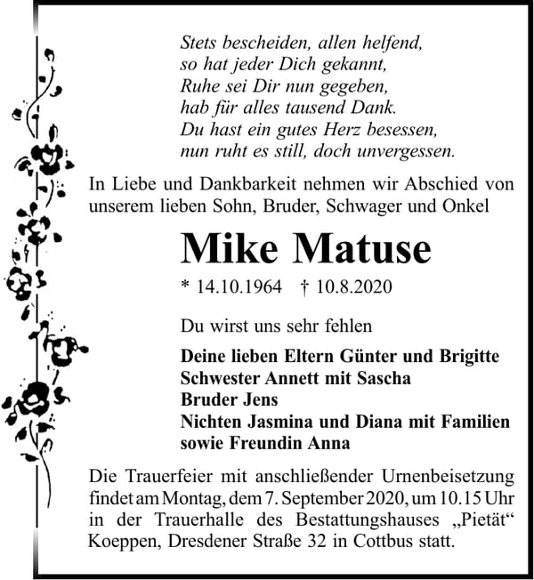 Traueranzeige Mike Matuse