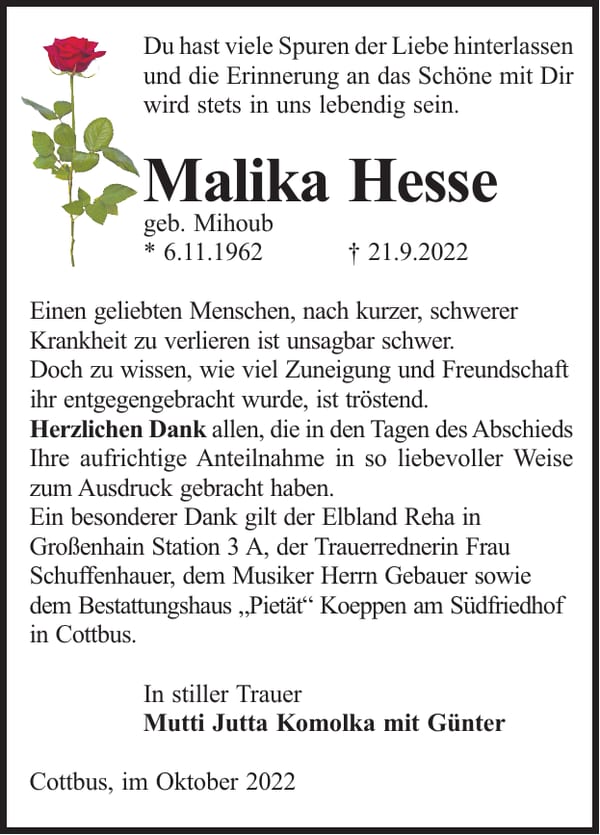 Traueranzeige Malika Hesse, geb. Mihoub