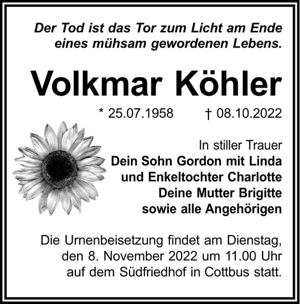 Traueranzeige Volkmar Köhler