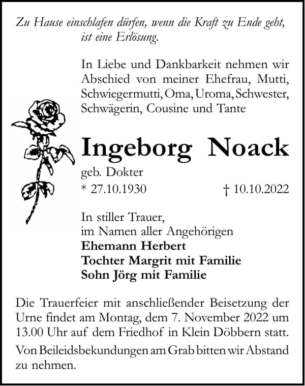 Traueranzeige Ingeborg Noack, geb. Dokter