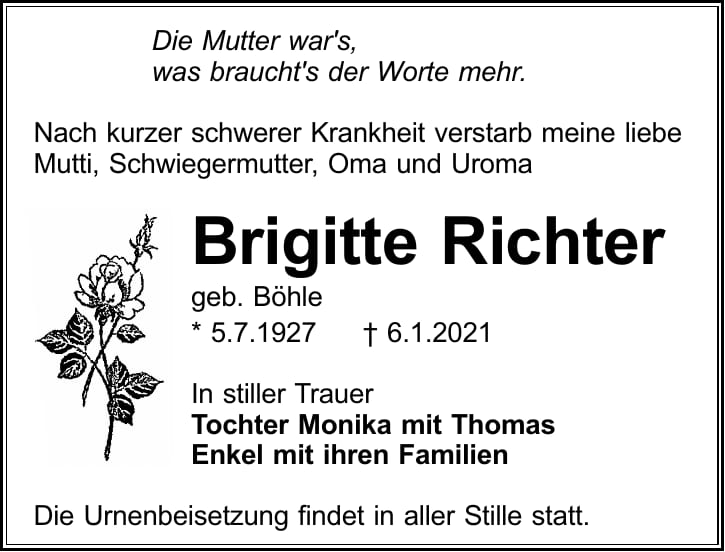 Traueranzeige Brigitte Richter, geb. Böhle