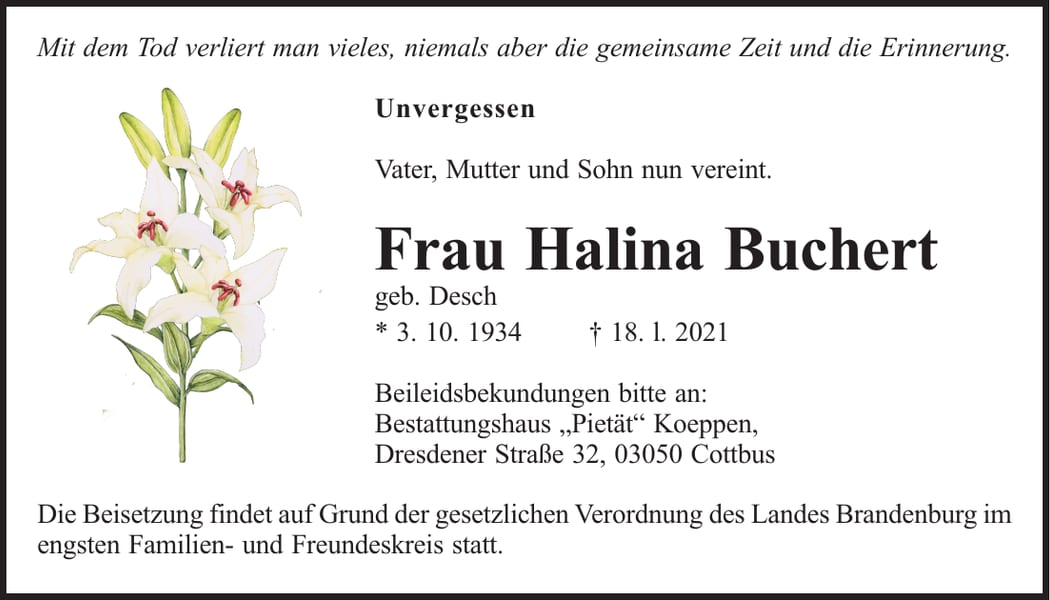 Traueranzeige Frau Halina Buchert, geb. Desch