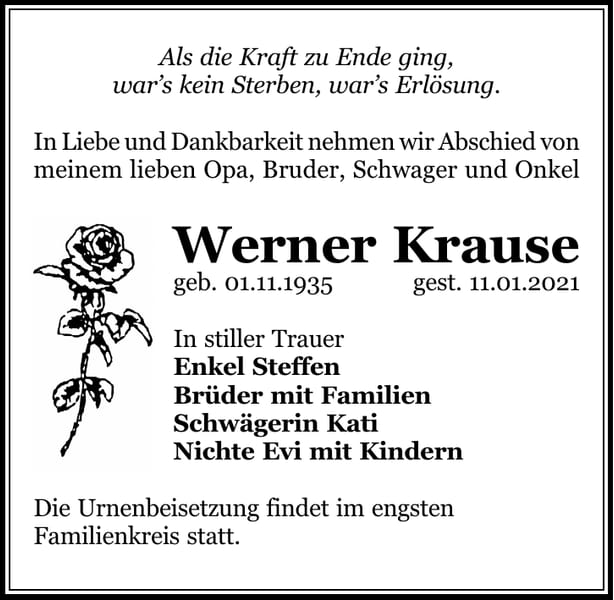 Traueranzeige Werner Krause