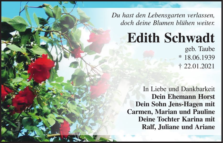 Traueranzeige Edith Schwadt, geb. Taube