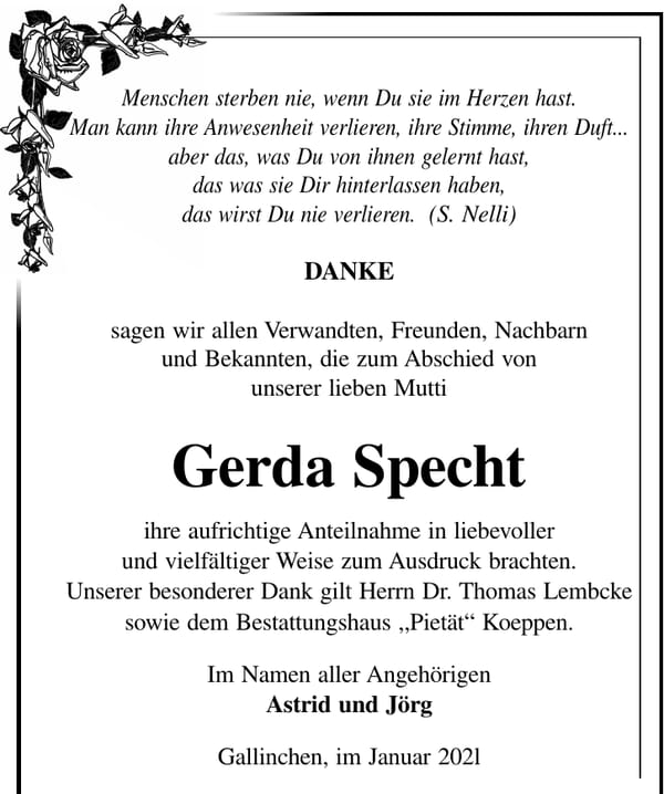 Danksagung Gerda Specht