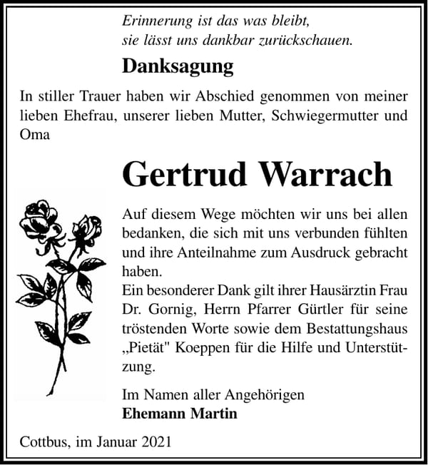 Danksagung Gertrud Warrach