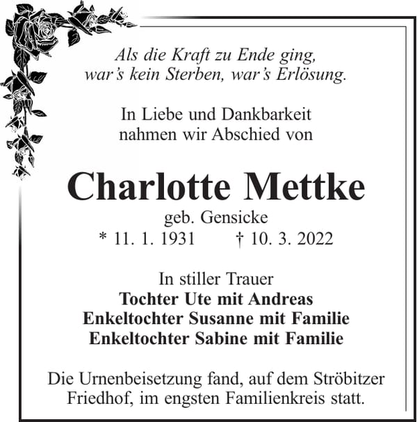 Traueranzeige Charlotte Mettke, geb. Gensicke