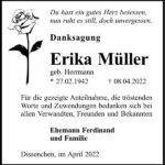 Danksagung Erika Müller, geb. Herrmann